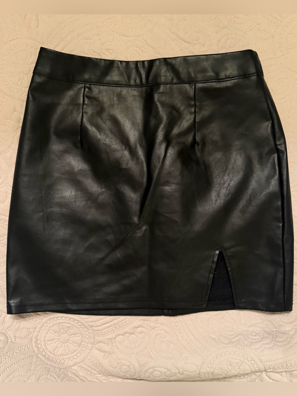 Lulu's Black Faux Leather Mini Skirt with Front Notch